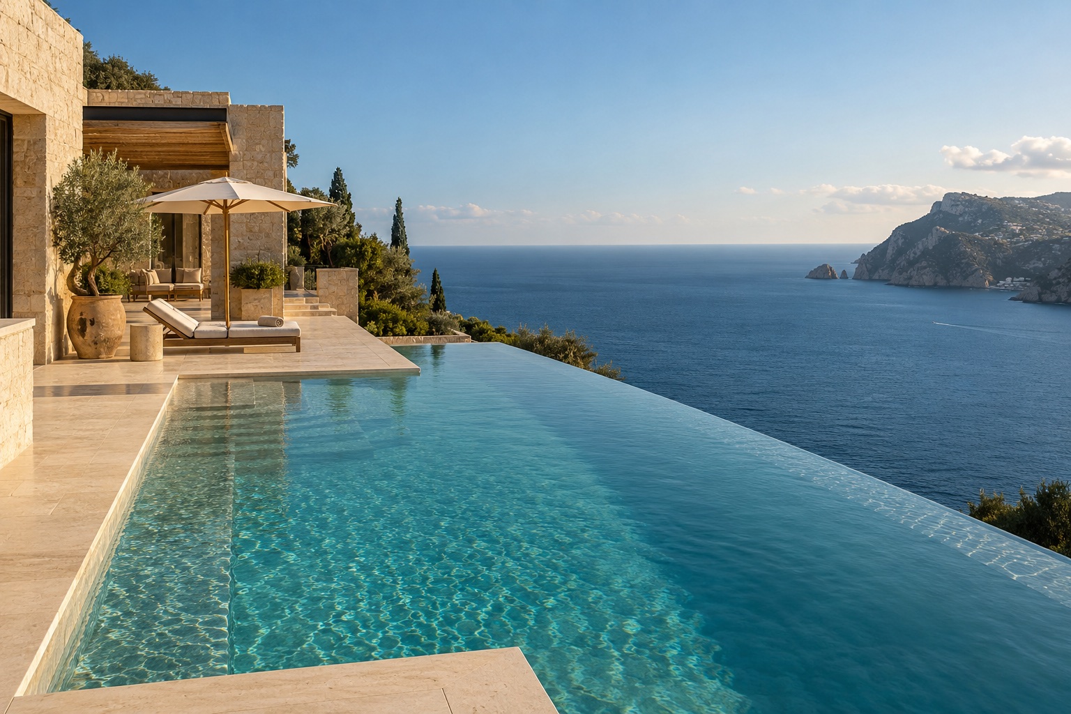 Sunlit stone terrace and infinity pool overlooking a quiet Mediterranean coastline